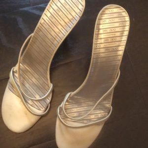 Jimmy Choo sandals with 3 inch heel, light beige/eggshell color.